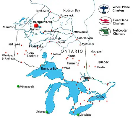 Map showing the charter flight route from Pickle Lake to Bearskin Lake